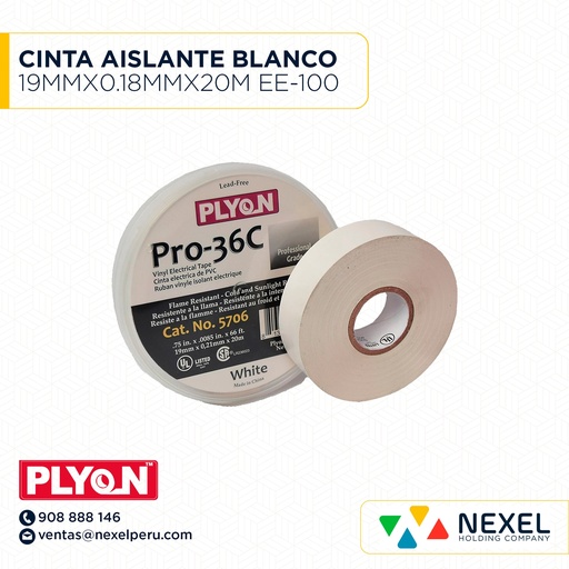 [F11704] CINTA AISLANTE BLANCO 19MMX0.18MMX20M EE-100 PLYON