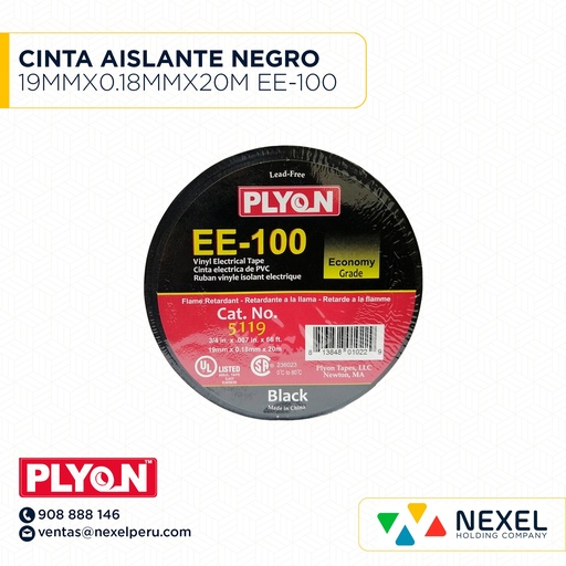 [F11702] CINTA AISLANTE NEGRO 19MMX0.18MMX20M EE-100 PLYON