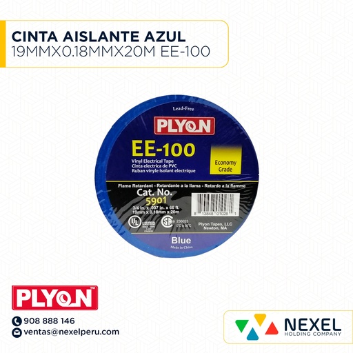 [F11622] CINTA AISLANTE AZUL 19MMX0.18MMX20M EE-100 PLYON
