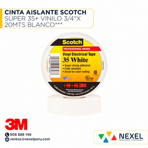 [F11619] CINTA AISLANTE SCOTCH SUPER 35+ VINILO 3/4"X 20MTS BLANCO*** 3M
