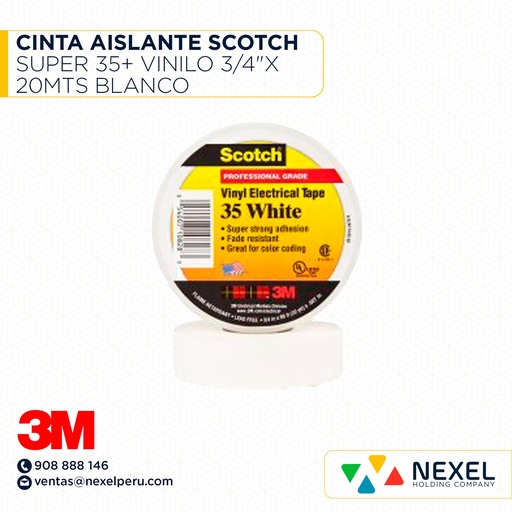 [F11615] CINTA AISLANTE SCOTCH SUPER 35+ VINILO 3/4"X 20MTS BLANCO 3M