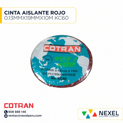 [F11602] CINTA AISLANTE ROJO 0.13MMX19MMX10M KC60 COTRAN