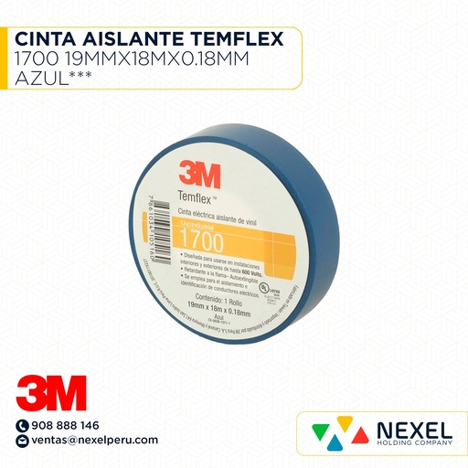 [F11572] CINTA AISLANTE TEMFLEX 1700 19MMX18MX0.18MM AZUL*** 3M