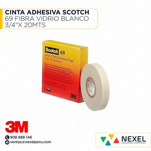 [F31298] CINTA ADHESIVA SCOTCH 69 FIBRA VIDRIO BLANCO 3/4"X 20MTS 3M