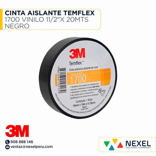 [F11294] CINTA AISLANTE TEMFLEX 1700 VINILO 11/2"X 20MTS NEGRO 3M