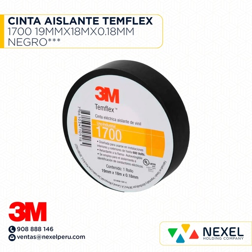 [F11037] CINTA AISLANTE TEMFLEX 1700 19MMX18MX0.18MM NEGRO*** 3M