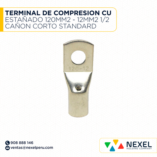[F124673] TERMINAL DE COMPRESION CU ESTAÑADO 120MM2 - 12MM2 1/2 CAÑON CORTO STANDARD