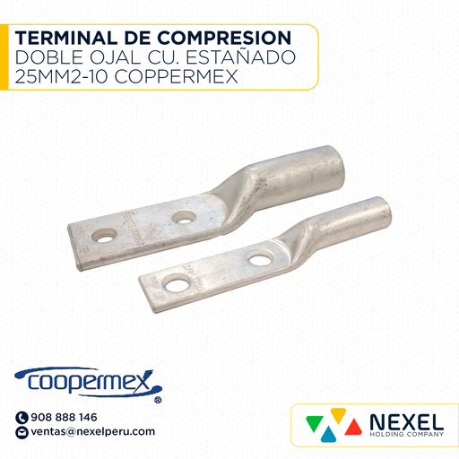 [F122833] TERMINAL DE COMPRESION DOBLE OJAL CU. ESTAÑADO 25MM2-10 COPPERMEX