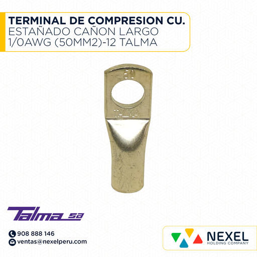 [F121964] TERMINAL DE COMPRESION CU. ESTAÑADO CAÑON LARGO 1/0AWG (50MM2)-12 TALMA