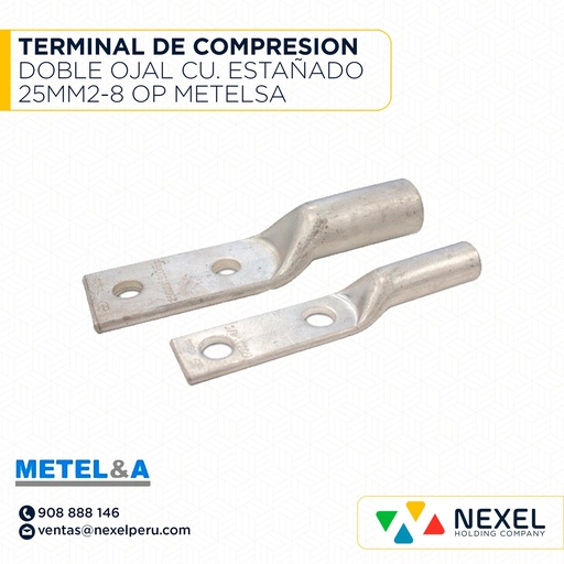 [F121951] TERMINAL DE COMPRESION DOBLE OJAL CU. ESTAÑADO 25MM2-8 OP METELSA