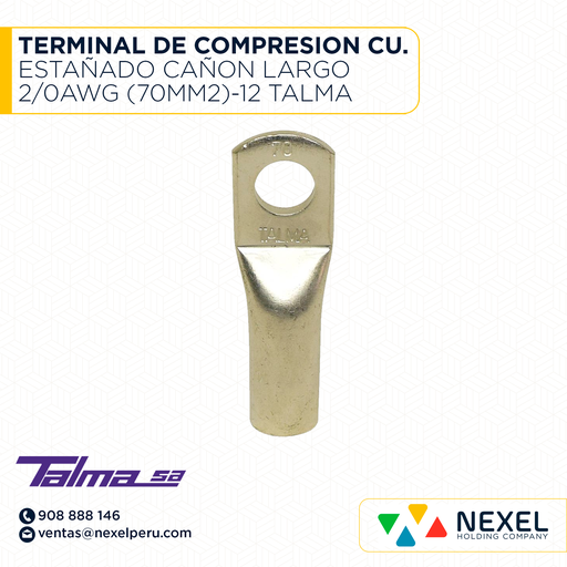 [F121945] TERMINAL DE COMPRESION CU. ESTAÑADO CAÑON LARGO 2/0AWG (70MM2)-12 TALMA