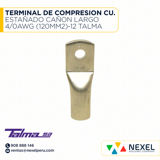 [F121939] TERMINAL DE COMPRESION CU. ESTAÑADO CAÑON LARGO 4/0AWG (120MM2)-12 TALMA