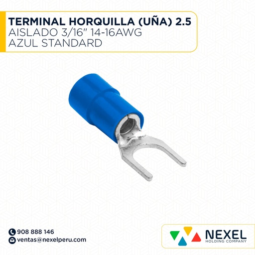 [F131851] TERMINAL HORQUILLA (UÑA) 2.5 AISLADO 3/16" 14-16AWG AZUL STANDARD