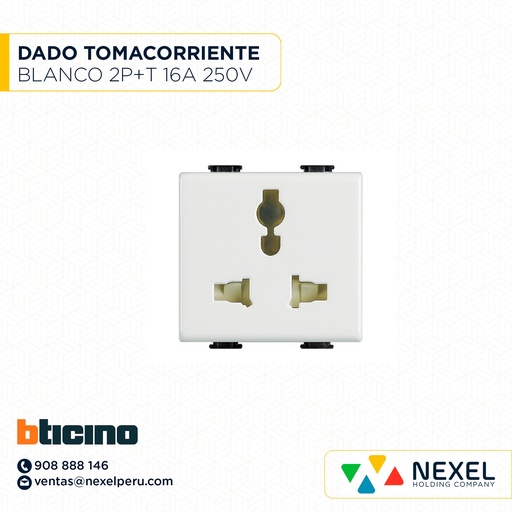 [F103976] DADO TOMACORRIENTE UNIVERSAL DOBLE 3 MOD BLANCO 2P+T 16A 250V MATIX AM5025DWT + PLACA 3 MOD AM503/3BN BTICINO
