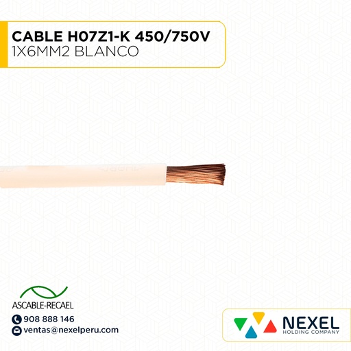 [A16040] CABLE H07Z1-K 450/750V 1X6MM2 BLANCO (RLL X100MTS) ASCABLE