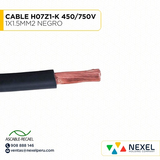 [A16024] CABLE H07Z1-K 450/750V 1X1.5MM2 NEGRO (RLL X100MTS) ASCABLE