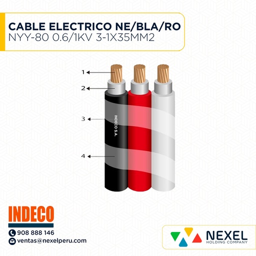 [A24464] CABLE ELECTRICO NYY-80 0.6/1KV 3-1X35MM2 NE/BLA/RO INDECO