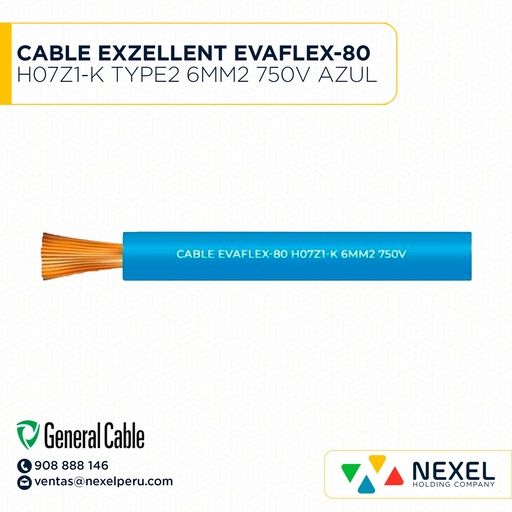 [A13553] CABLE EXZELLENT EVAFLEX-80 H07Z1-K TYPE2 6MM2 750V AZUL GENERAL CABLE