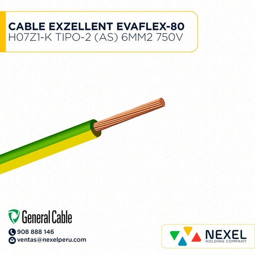 [A13432] CABLE EXZELLENT EVAFLEX-80 H07Z1-K TIPO-2 (AS) 6MM2 LIBRE DE HALOGENO 750V BICOLOR VERDE AMARILLO CPT GENERAL CABLE