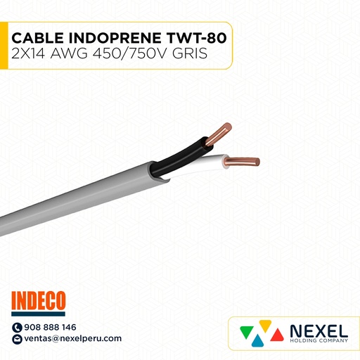 [A12586] CABLE INDOPRENE TWT-80 (TM) 2X14 AWG 450/750V GRIS (X100MT) INDECO
