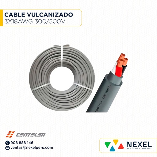 [A22551] CABLE VULCANIZADO TTRF NLT 3X18AWG 300/500V GRIS CENTELSA
