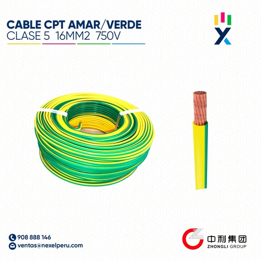 [A12426] CABLE CPT CLASE 5 16MM2 750V AMARILLO VERDE BICOLOR ZHONGLI