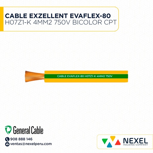 [A11944-4] CABLE EXZELLENT EVAFLEX-80 H07Z1-K 4MM2 LIBRE DE HALOGENO 750V BICOLOR VERDE/AMARILLO CPT GENERAL CABLE