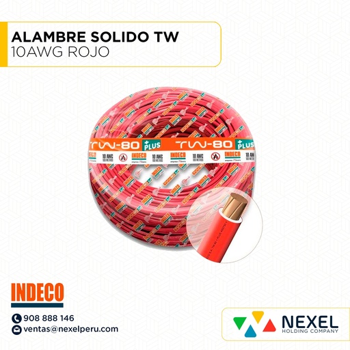 [A11630] ALAMBRE SOLIDO TW 10AWG ROJO INDECO (ROLLO 100MT)